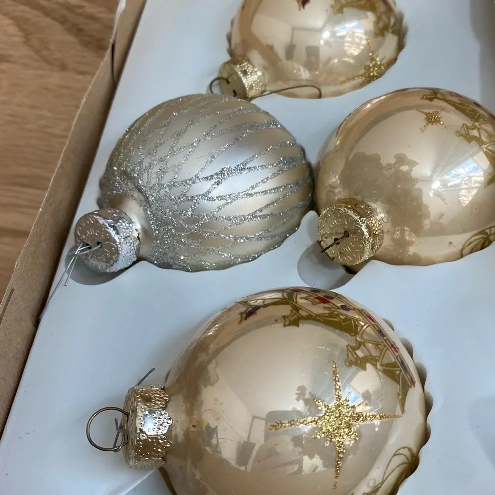 Vintage Glass Ball Ornaments Made in USA Three Kings Christmas Gold Silver
